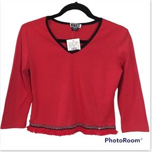 Vintage 90s Request Red Mid-Crop 3/4 Sleeve Fringe Top Size Medium